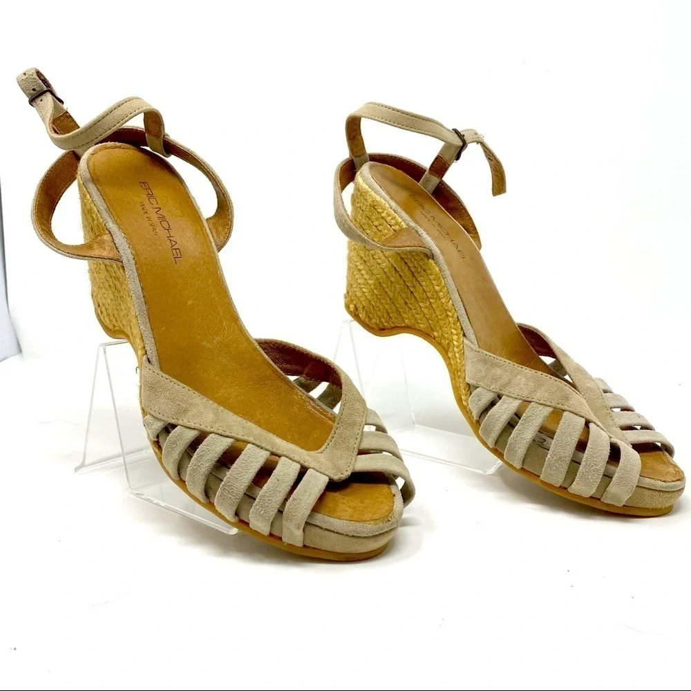 Eric Michael Kamielle Tan Suede Espadrille Cage Wedge Sandals Size 41 US 10 10.5